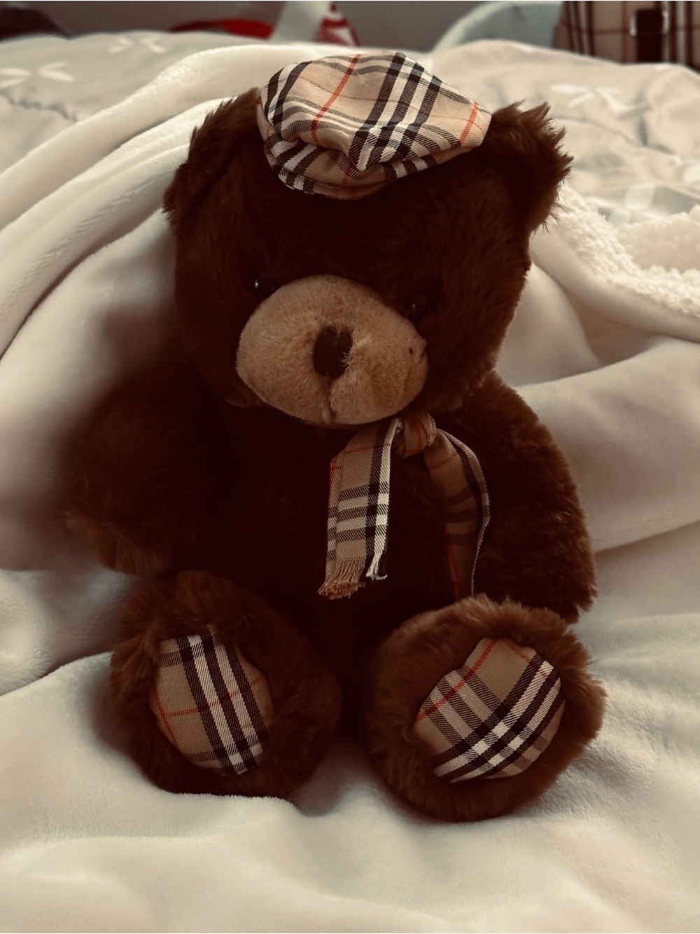 Burberry Brown Plush Teddy Bear with Plaid Hat & Accents